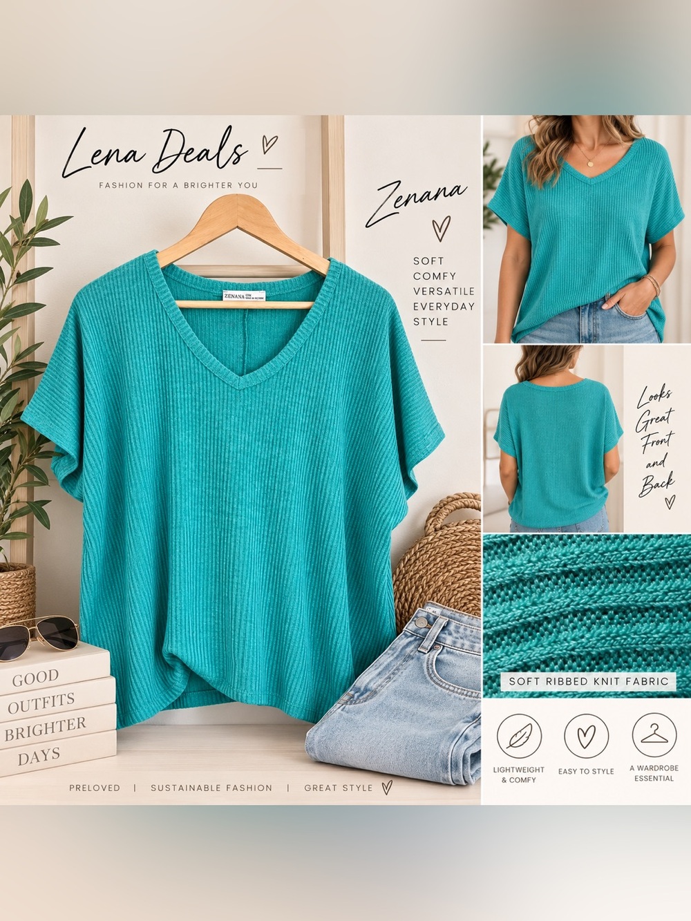 Zenana Teal Ribbed V-Neck Short Sleeve Knit Top Women’s MiX Sizes